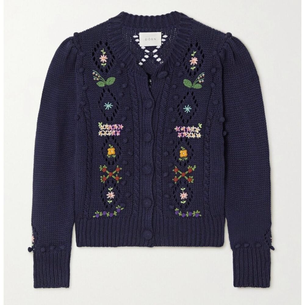 Doen Forget Me Not Cable Knit Floral Cardigan Navy Blue Size Small